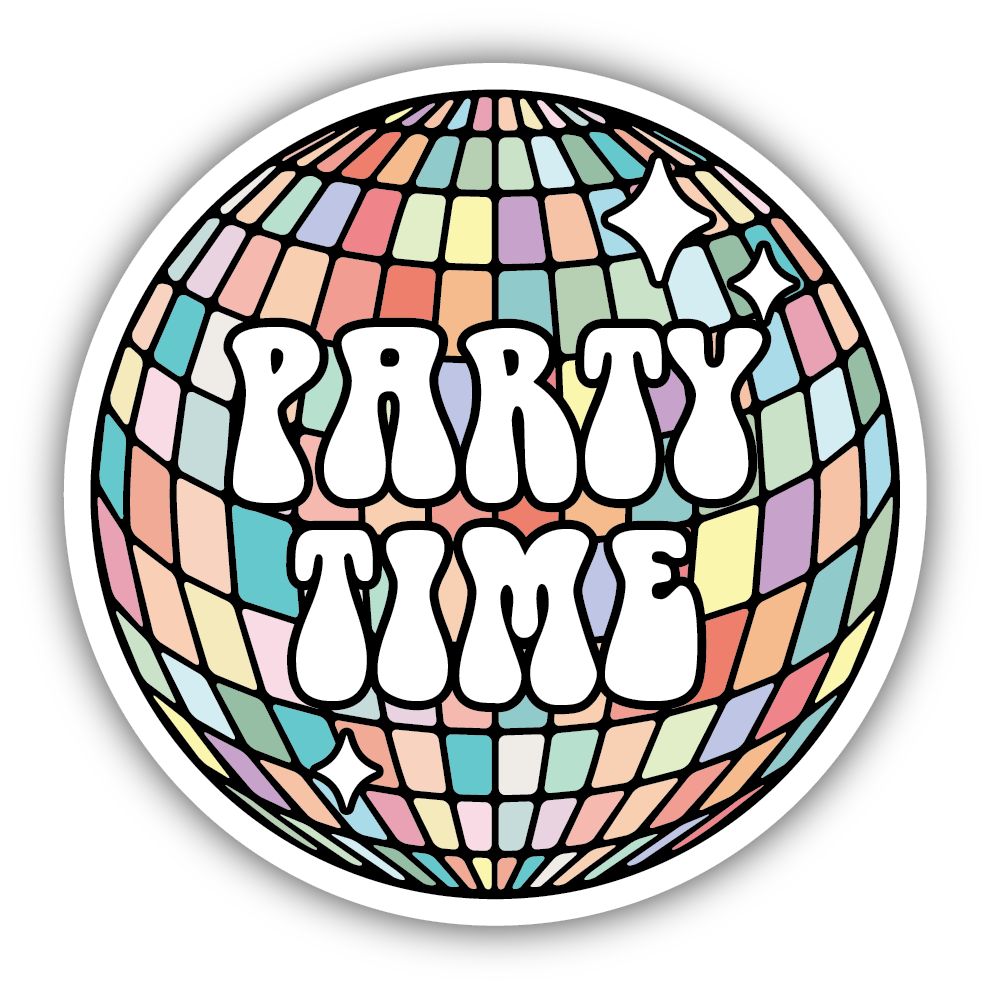 pastel rainbow disco ball with white text "party time" in the center