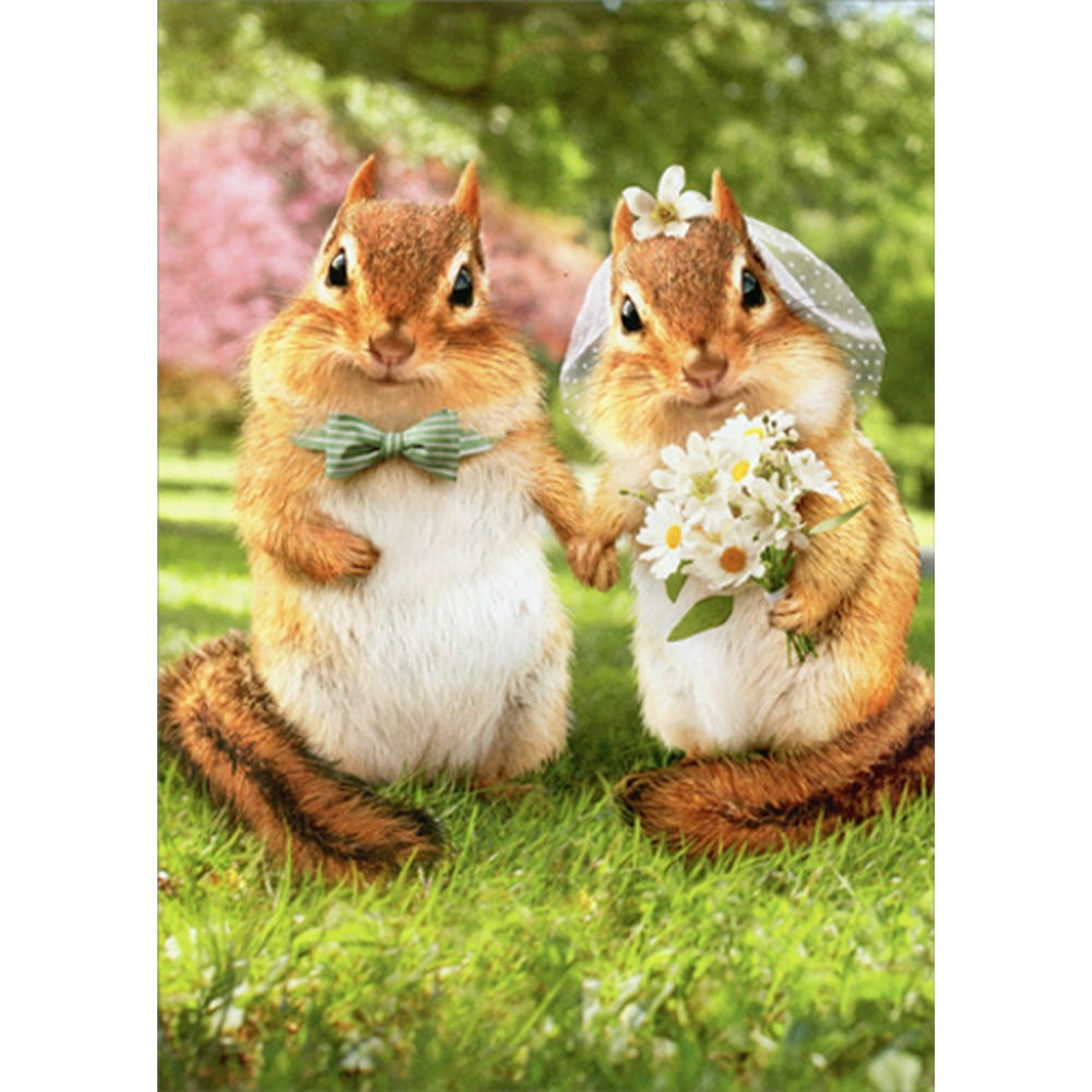 front of card is a bride and groom chipmunk standing on grass
