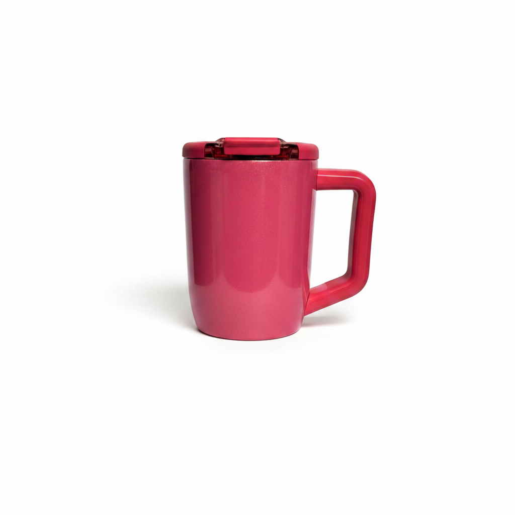 insolated travel mug in a shiny coral color