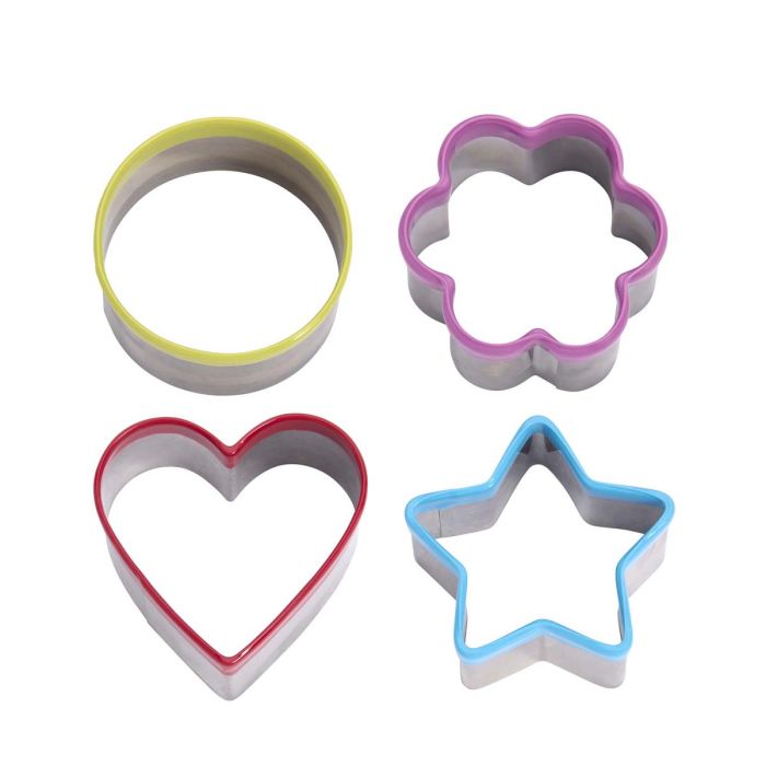 Set of four colorful cookie cutters shaped like a circle, star, heart, and flower on a white background.