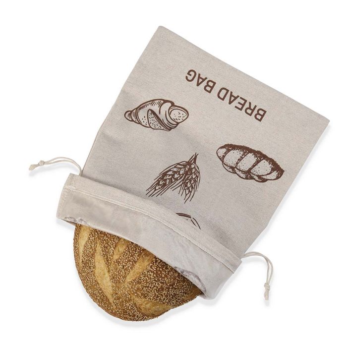 Beige bread bag with bread illustrations and 'Bread Bag' text on a white background