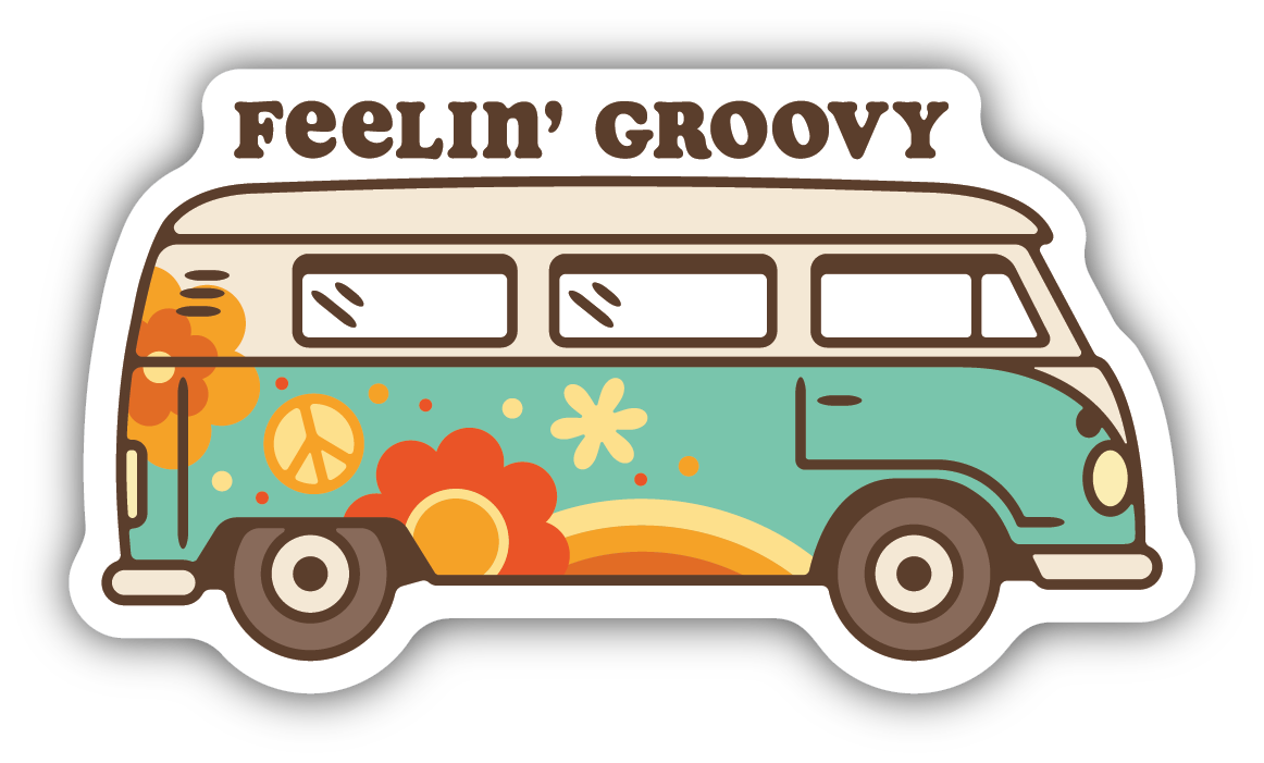 retro style bus with flowers and peace sign. text above says "Feelin' Groovy"