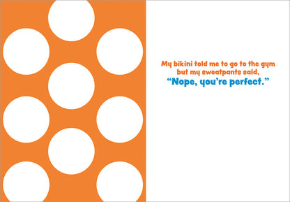 inside view of card has one side is orange with white polka dots and the other is white with orange and blue text listed in the description