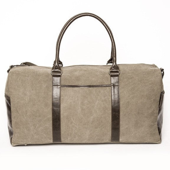 khaki canvas duffle bag with vegan leather accents.