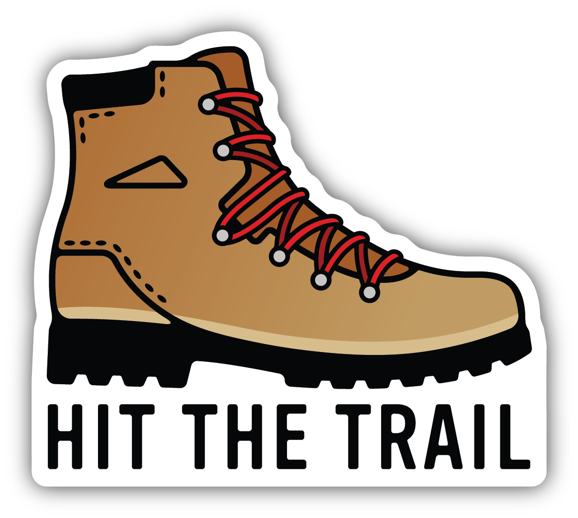 cartoon stylized hiking boot and "hit the trail" text along the bottom.