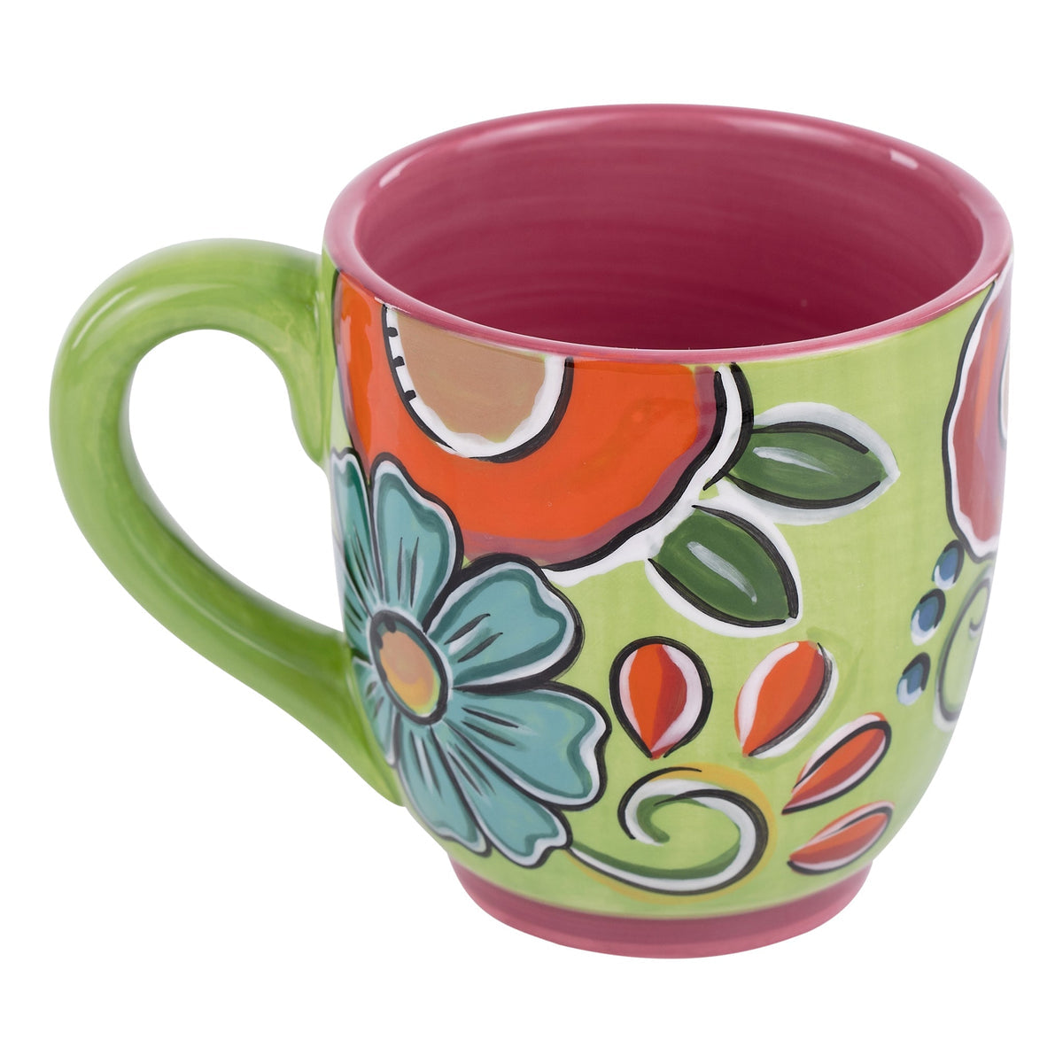 green mug with blue and orange flower design