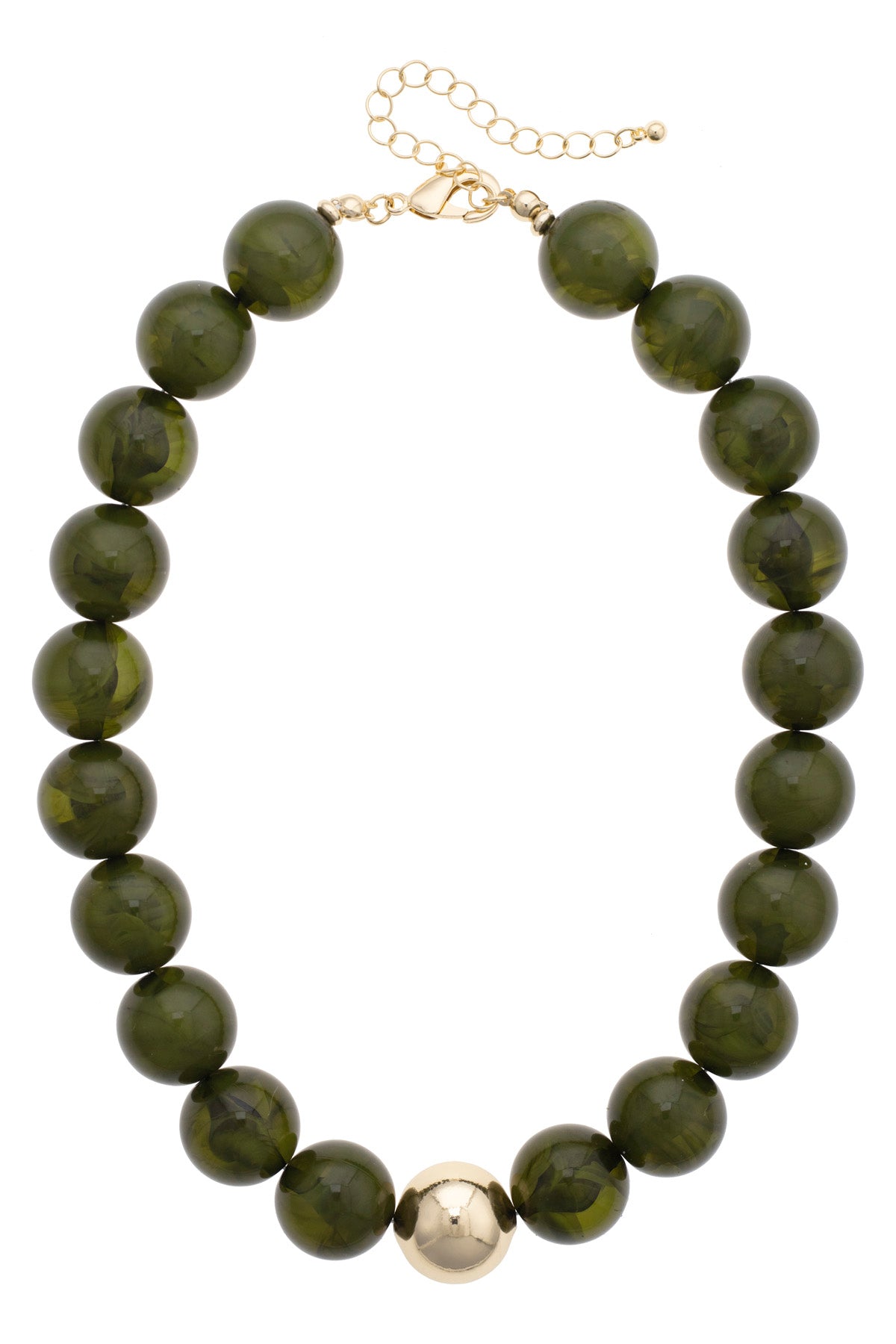 Marjorie Beaded Gumball Necklace in a deep green hues anith a golden center bead