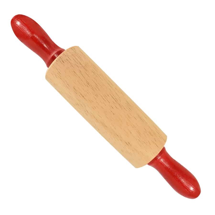 wooden rolling pin with red handles shown on a white background