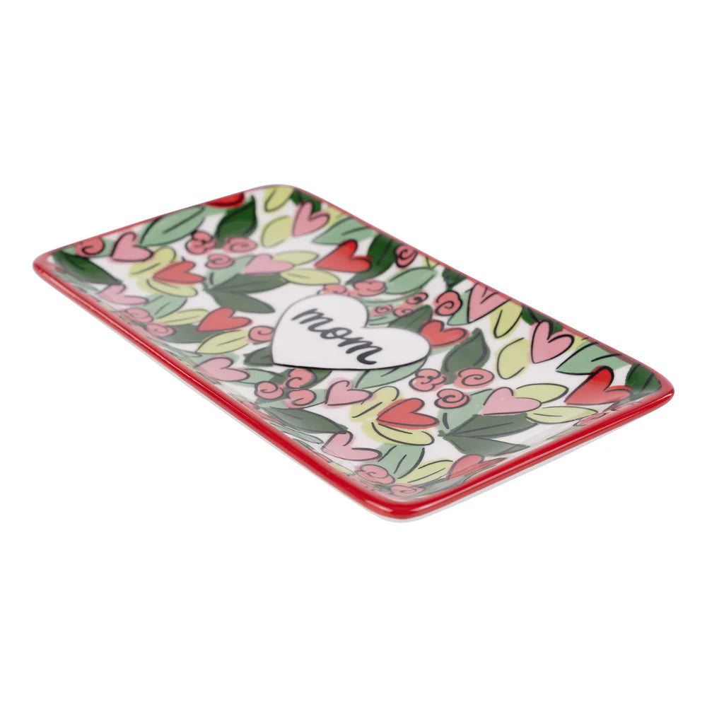 angled view of Decorative tray with floral pattern and 'mom' heart design on a white background