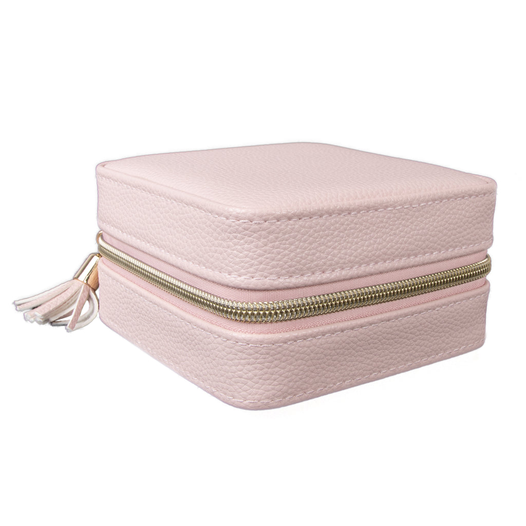 pink travel jewelry box zipped closed.