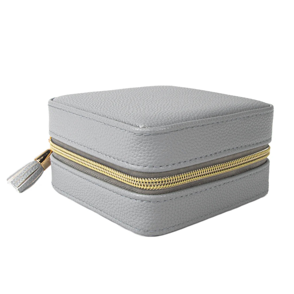 light grey travel jewelry box zipped closed.