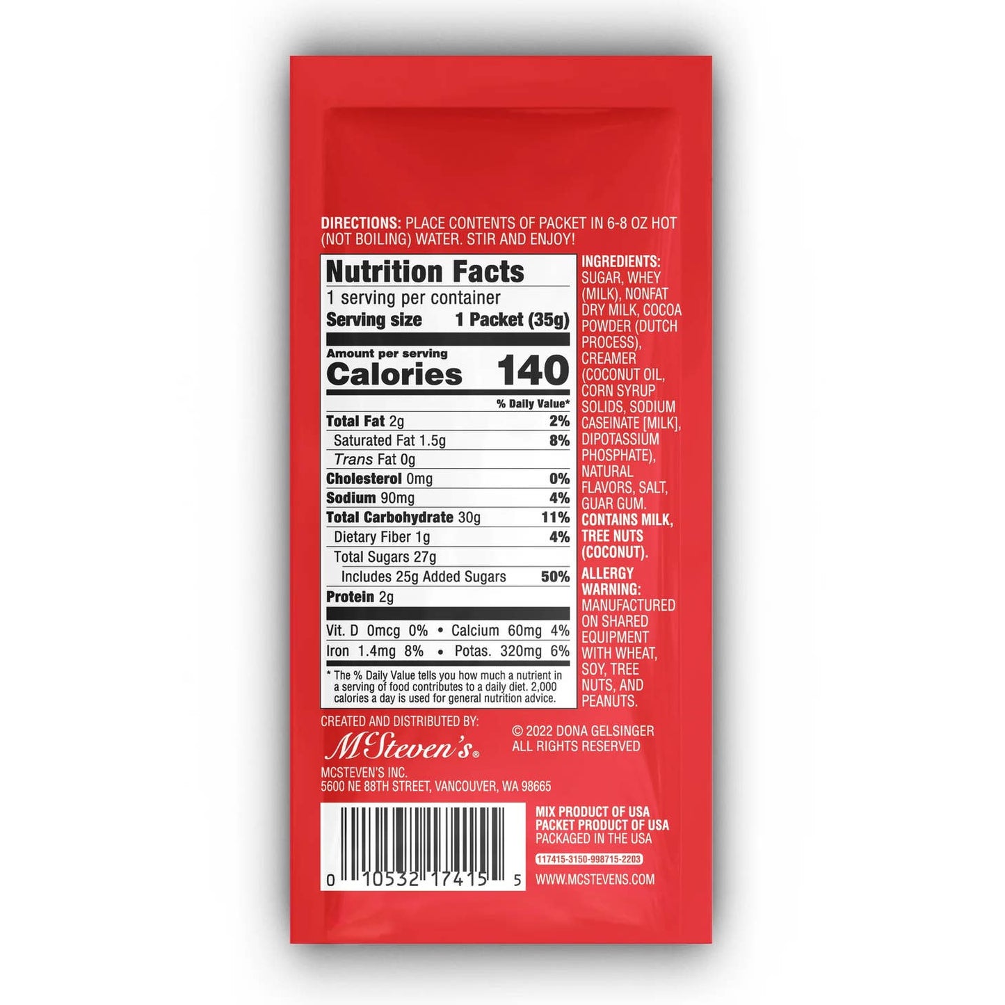 Image of the back of packet showing nurtrition facts and ingredient list. Please call 501-327-2182 for more information.