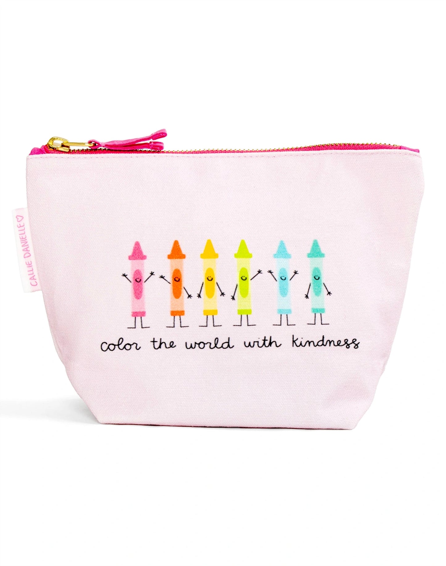 Pink pouch with colorful crayon illustrations and 'Color the World with Kindness' text on a white background