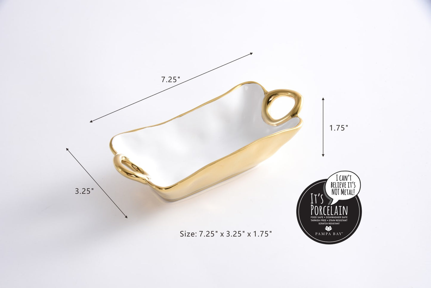 White dish with gold rim and handles, shown with measurements on a white background
