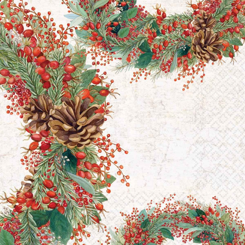 paper napkin with a festive holiday wreath pattern featuring red berries, pinecones, pine needles, and green leaves on a textured off-white background.