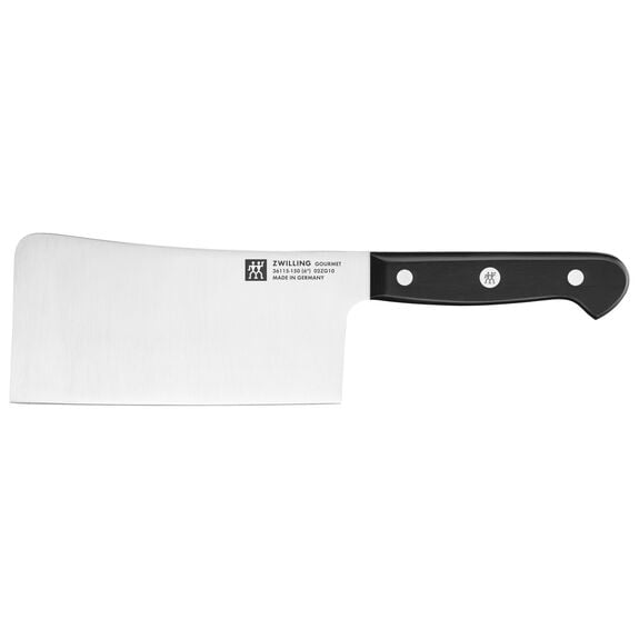 kitchen cleaver with black handle on white background