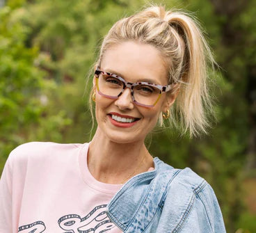 person wearing the pink chai colorblock glasses