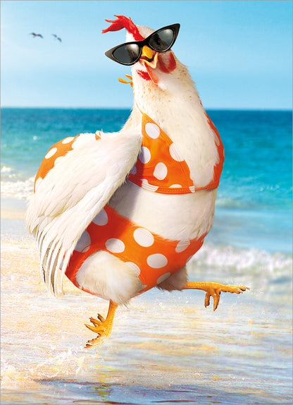 front of card has a chicken wearing a orange and white polka dot bikini white running through the water at the beech