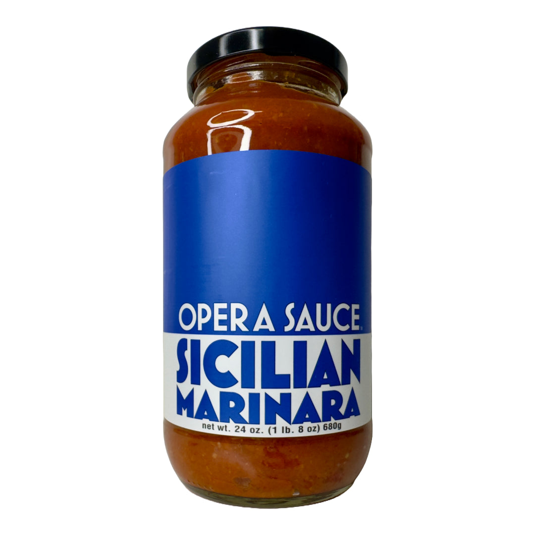 glass jar of Sicilian Marinara with a blue and blue label