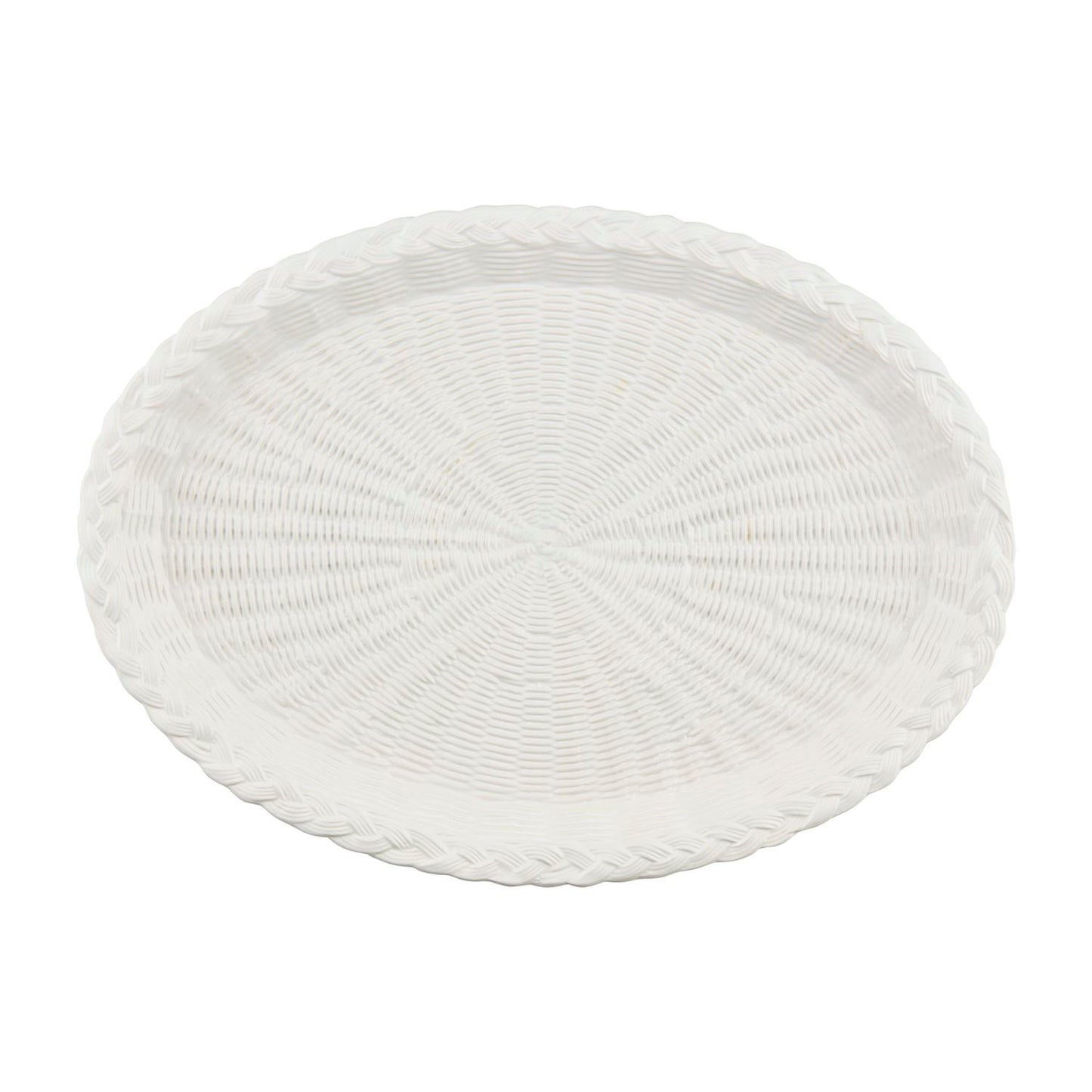 top view of white ceramic oval platter with basket weave pattern shown on a white background