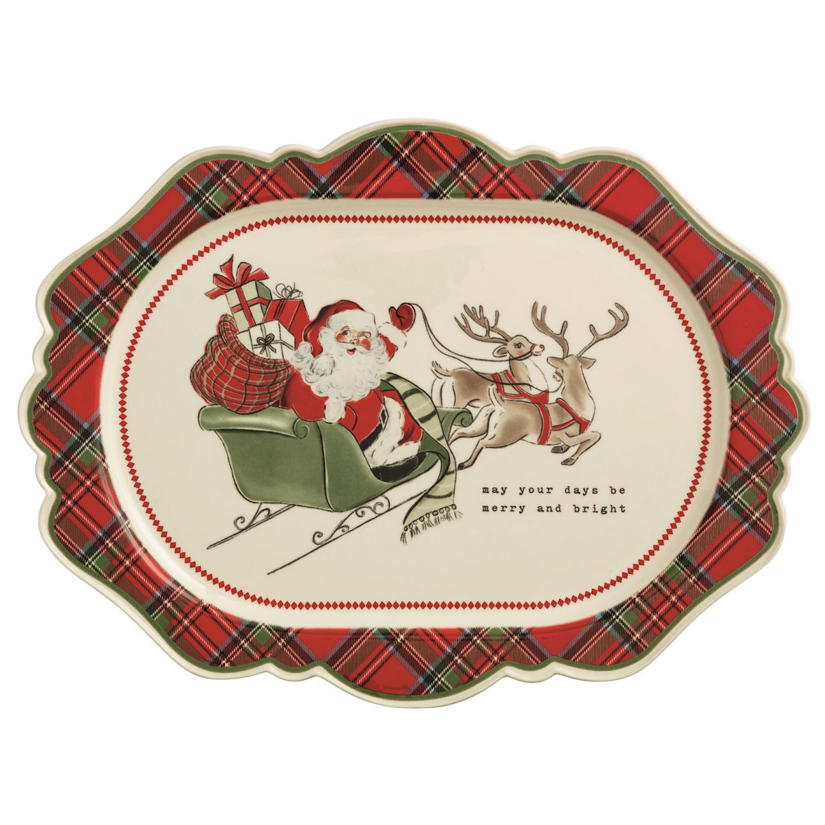 Decorative plate with Santa Claus and reindeer design in a plaid border