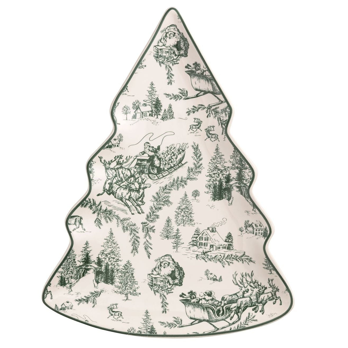 green toile tree shaped platter shown on a white background