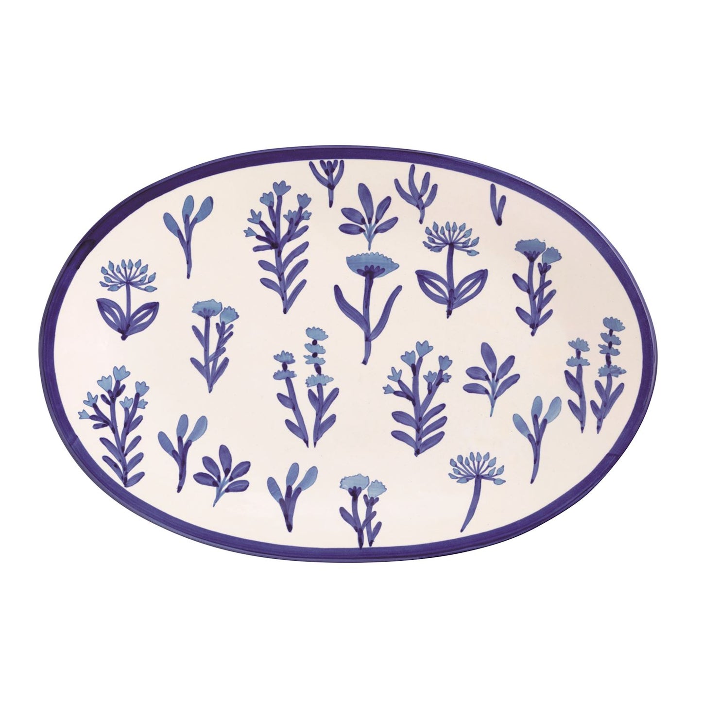 Oval platter with blue floral pattern and blue rim shown on a white background