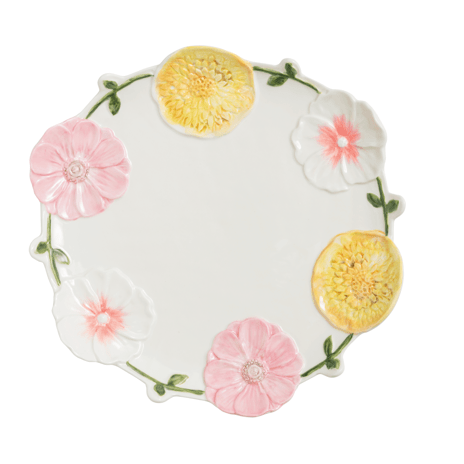 round platter with pink, yellow, and white flowers painted around the rim