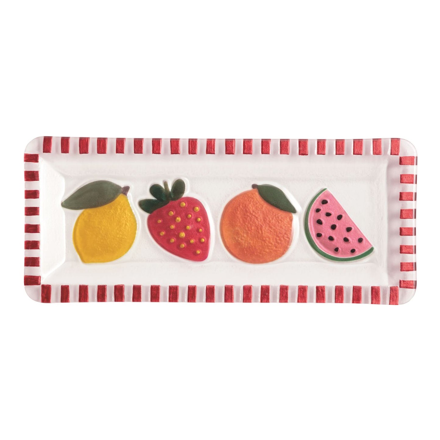 rectangle glass plate with a red strip edge and a lemon, strawberry, orange, and watermelon slice on it