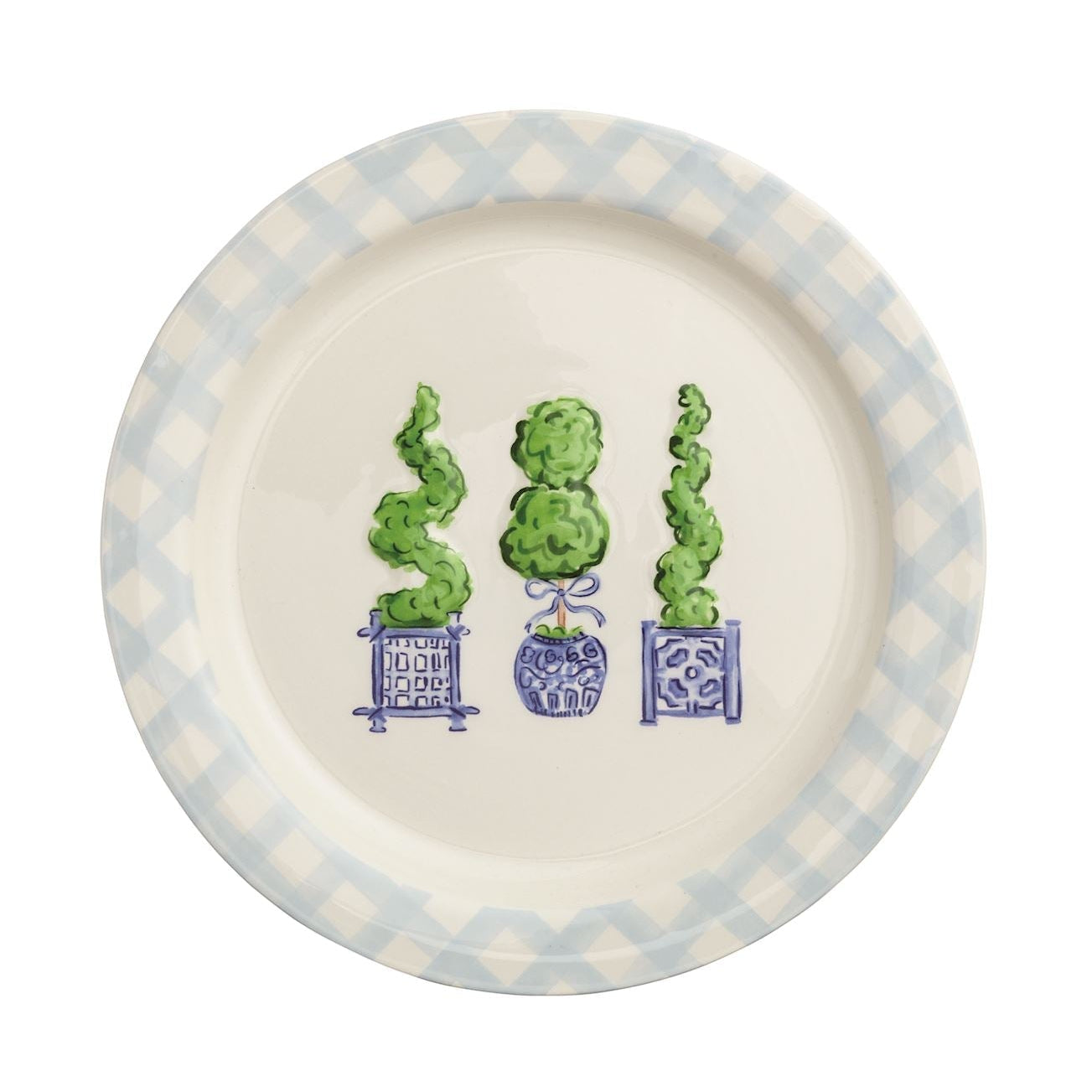 round ceramic platter with topiary design in the center and blue gingham boarder