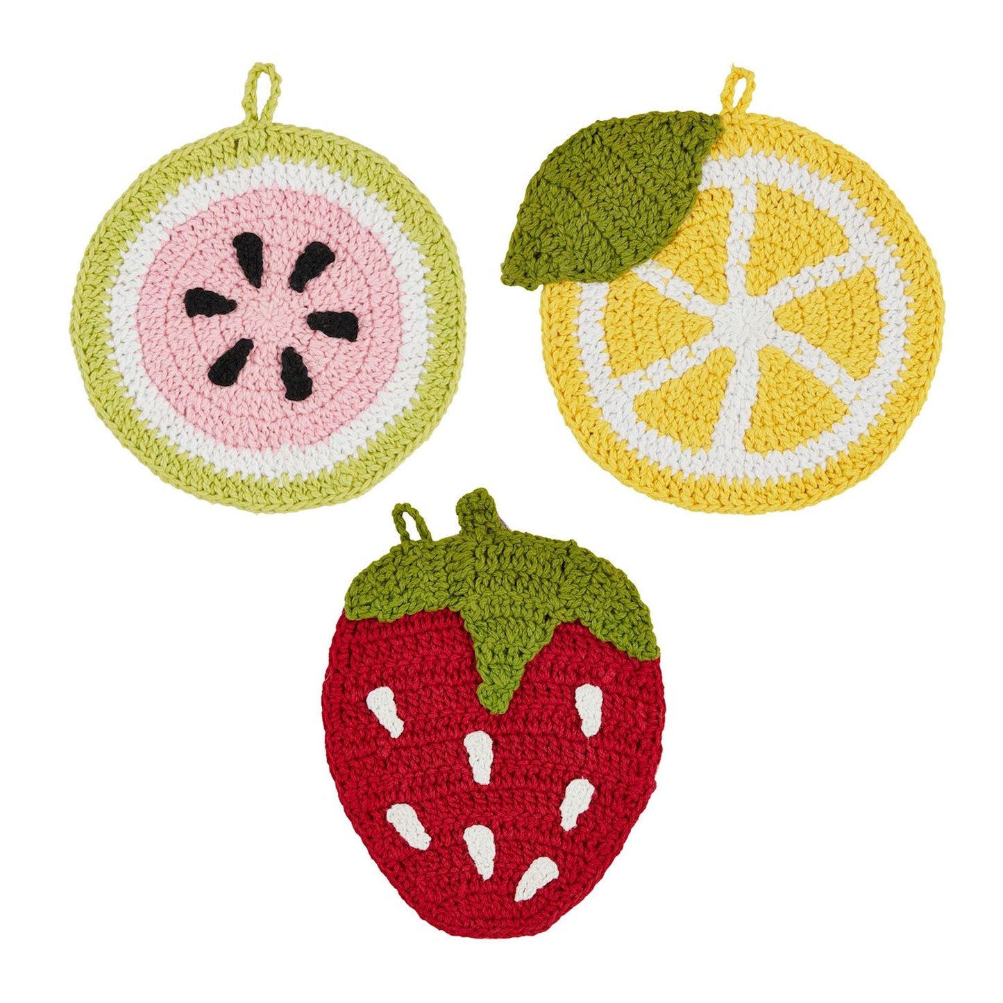 3 styles of crocheted fruit shaped trivets on a white background.