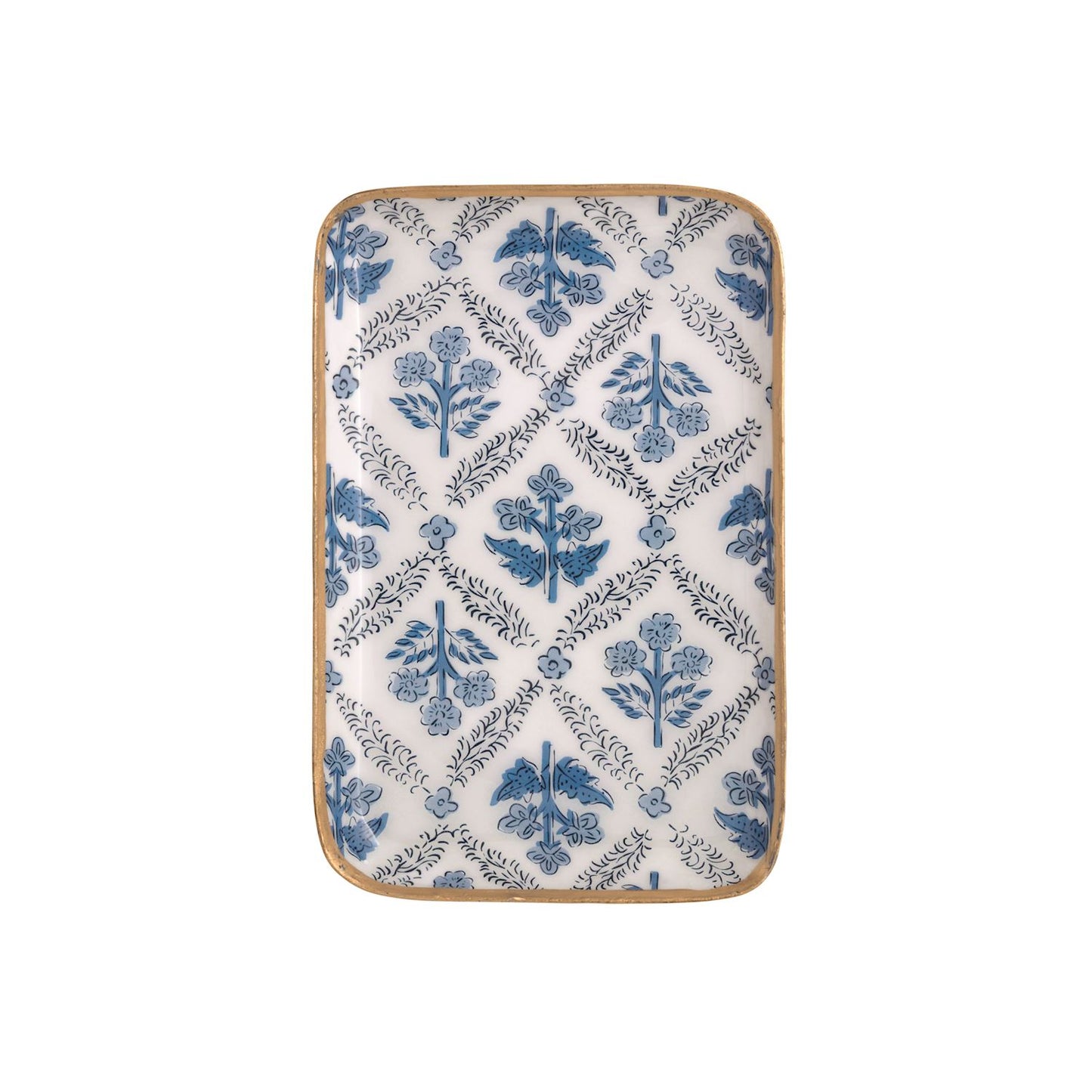 tray with blue floral design and gold rim shown on a white background