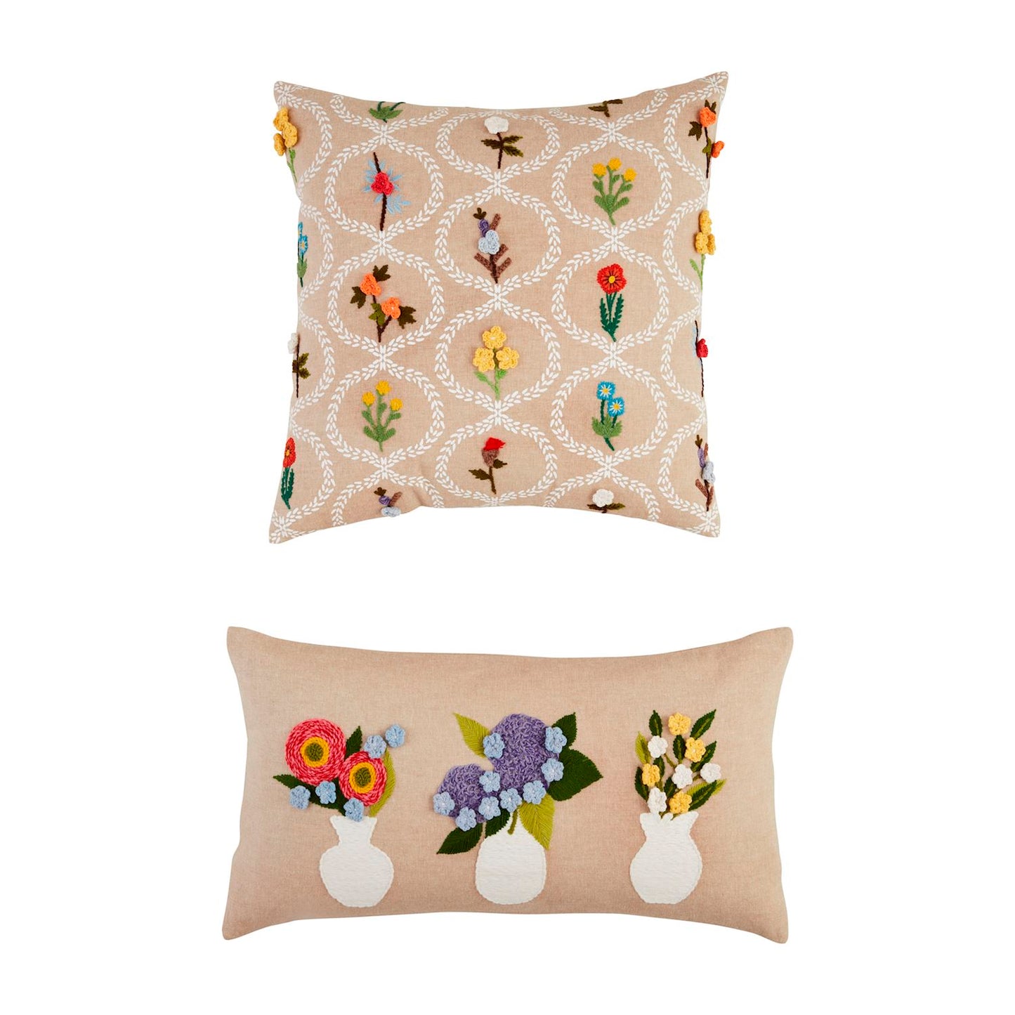 2 styles of Botanica Embroidered Pillows shown on a white background.