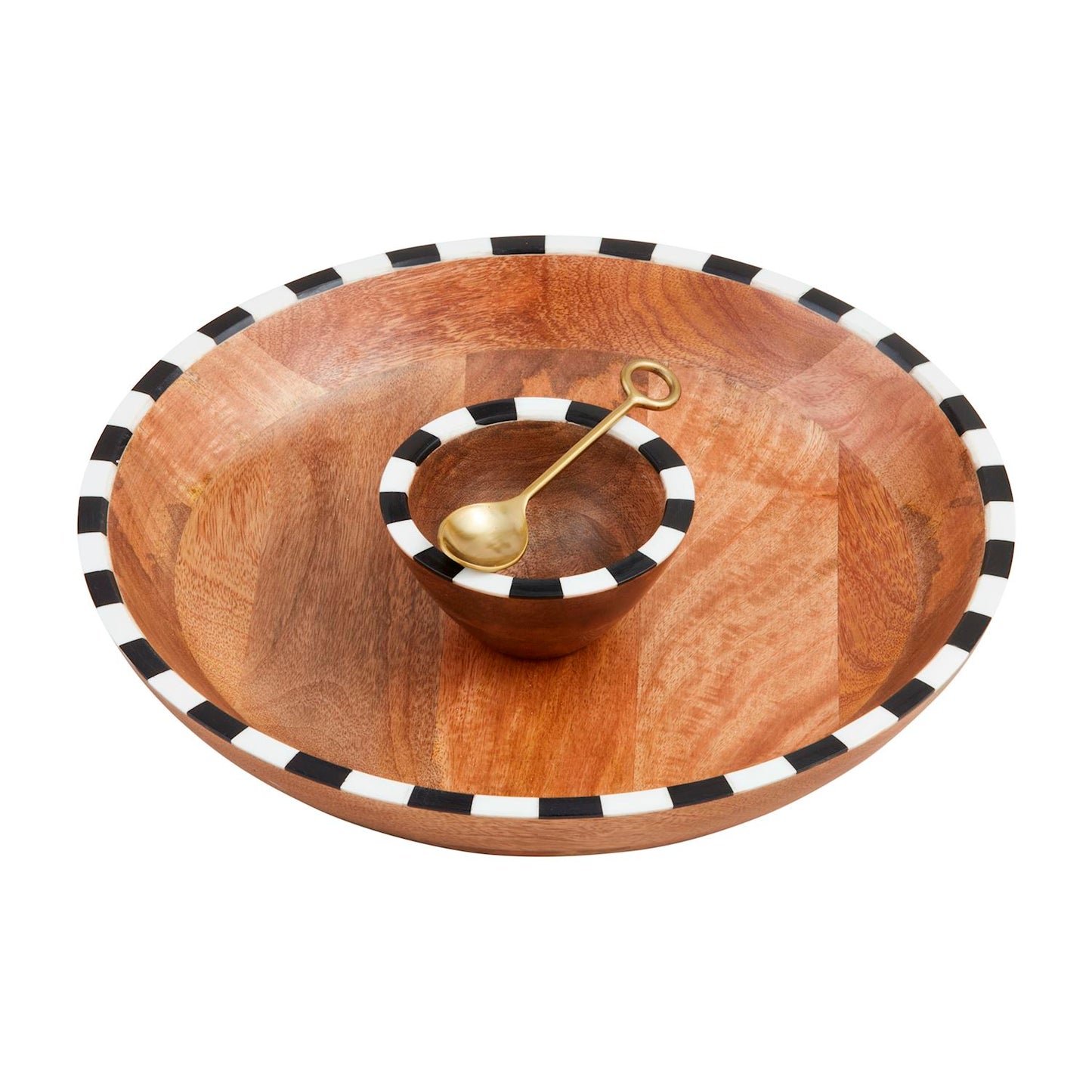Wooden serving bowl with black and white checkered rim, featuring a small wooden bowl and gold spoon.