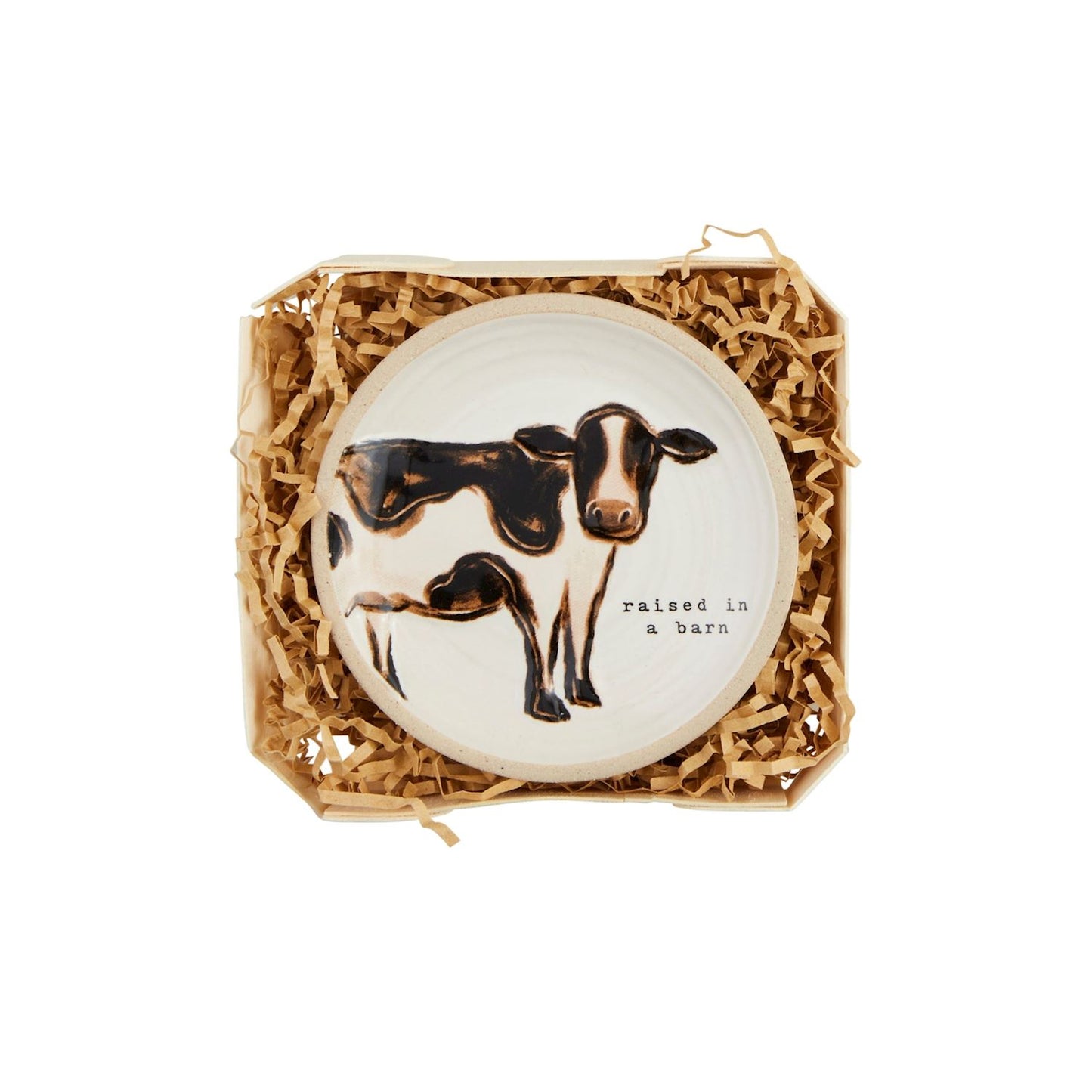 tidbit plate with image of a cow and "raised in a barn" printed on it.