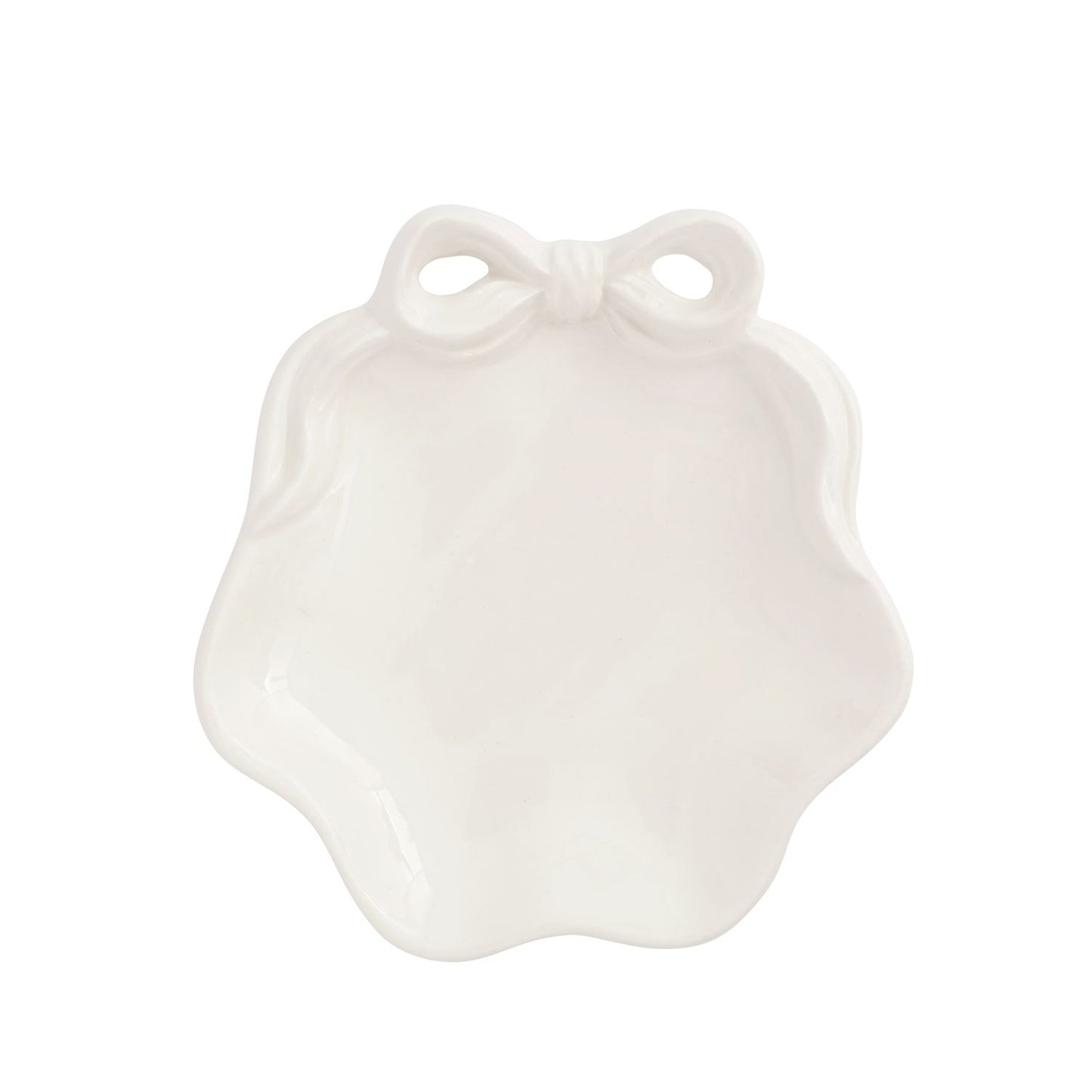 round ceramic scalloped dish with bow on top