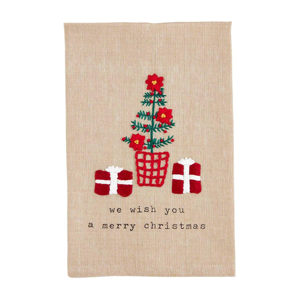 tree chrismtas french knot towel with text "we wish you a merry christmas"