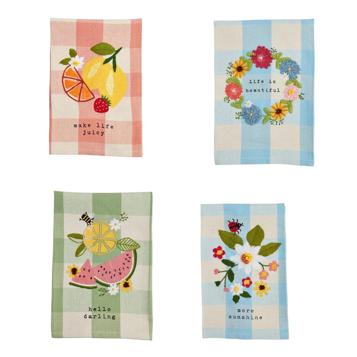 4 styles of fruity floral hand towels on a white background.