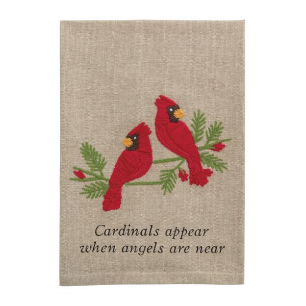 Embroidered Cardinal Towel with two cardinals perched on evergreen branch with text "cardinals appear when angels are near"