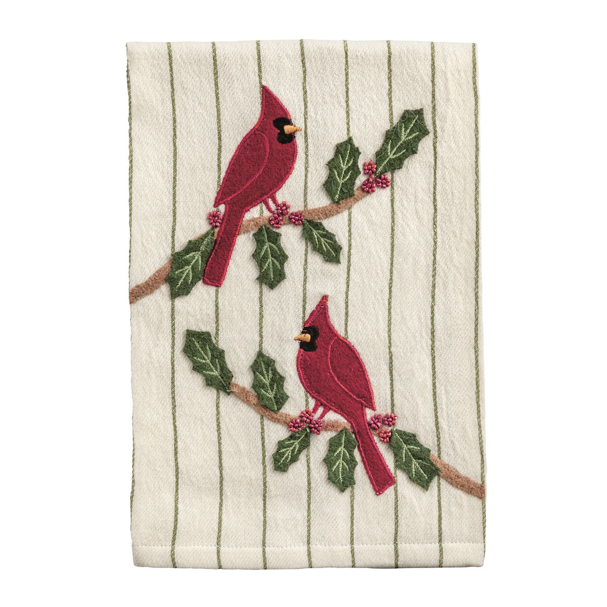 off-white tea towel with cardinal and holly applique