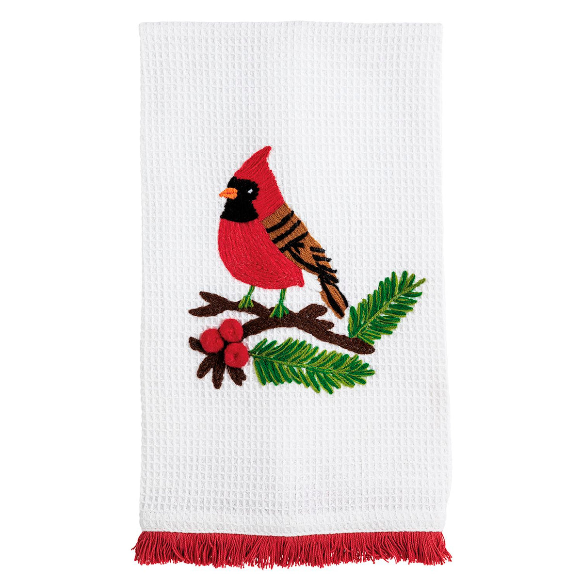 white towel with red fringe and embroidered cardinal