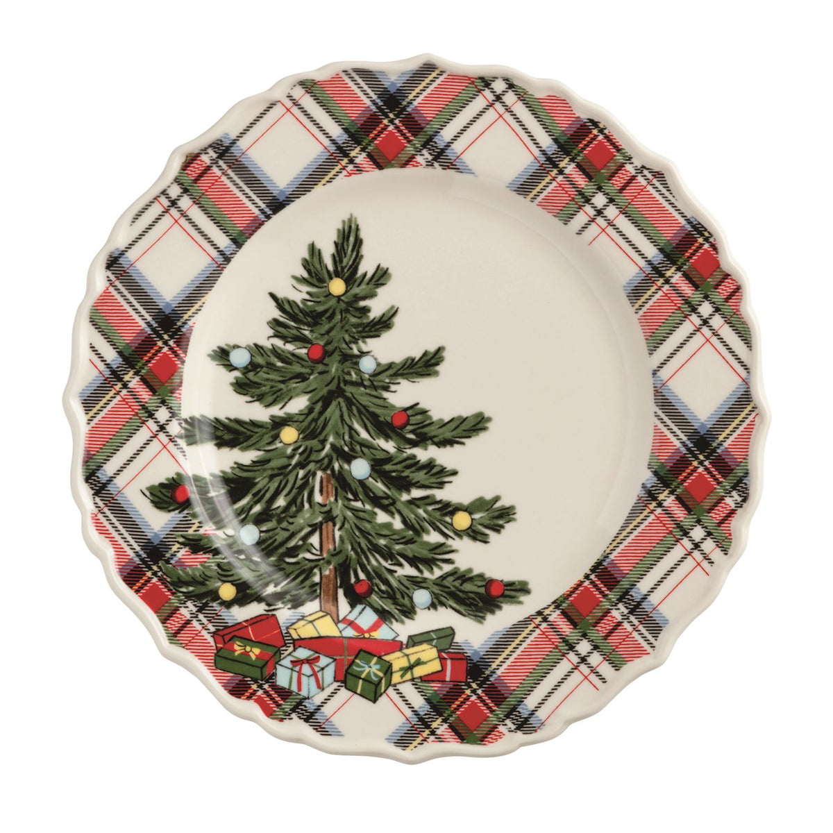 tartan rimmed salad plate with Christmas tree and presents painted on it