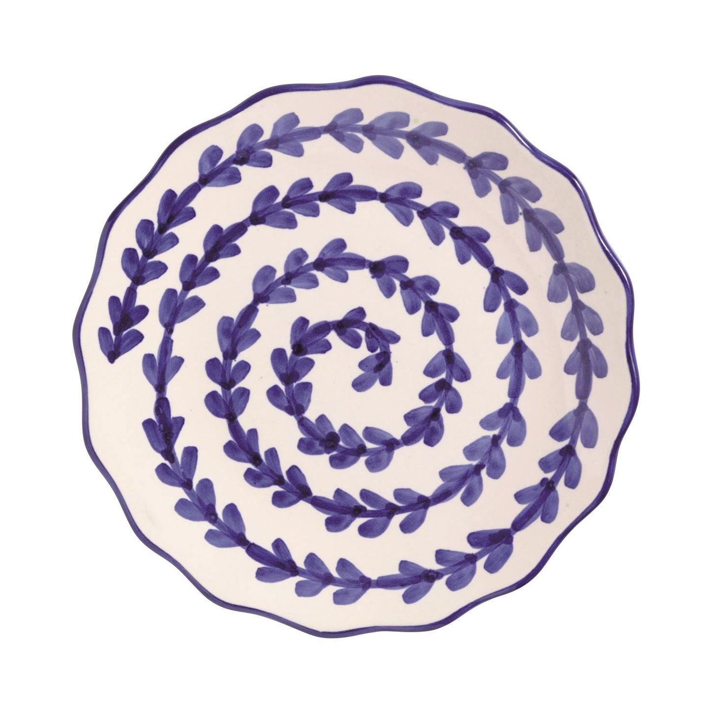 Decorative plate with blue leaf vining pattern on a white background