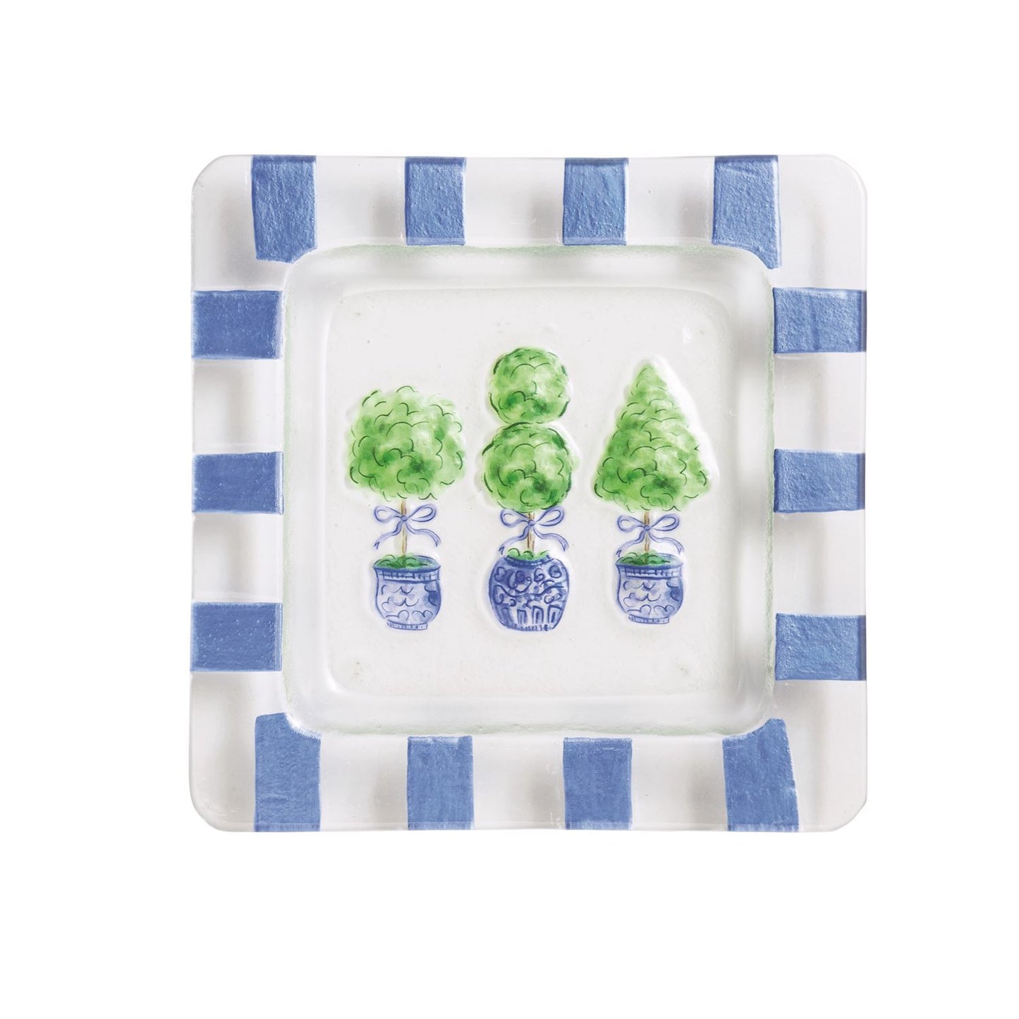 square glass plate with blue stripe edge and painted topiaries in the center