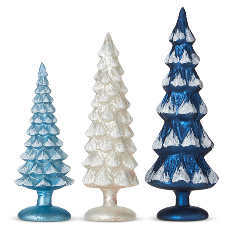 all three sizes and colors of blue and white snowy glass trees displayed against a white background