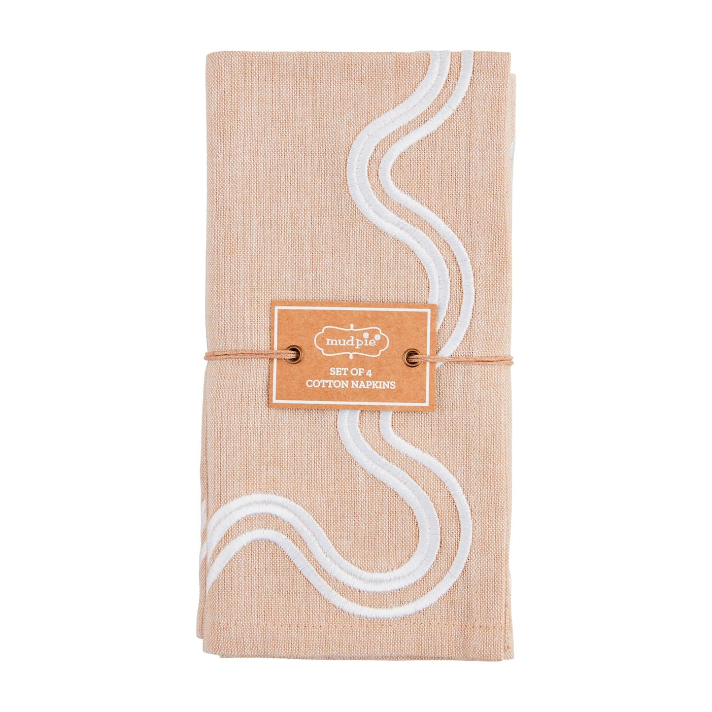Tan & White Squiggle Napkin Set folded and tied with twine