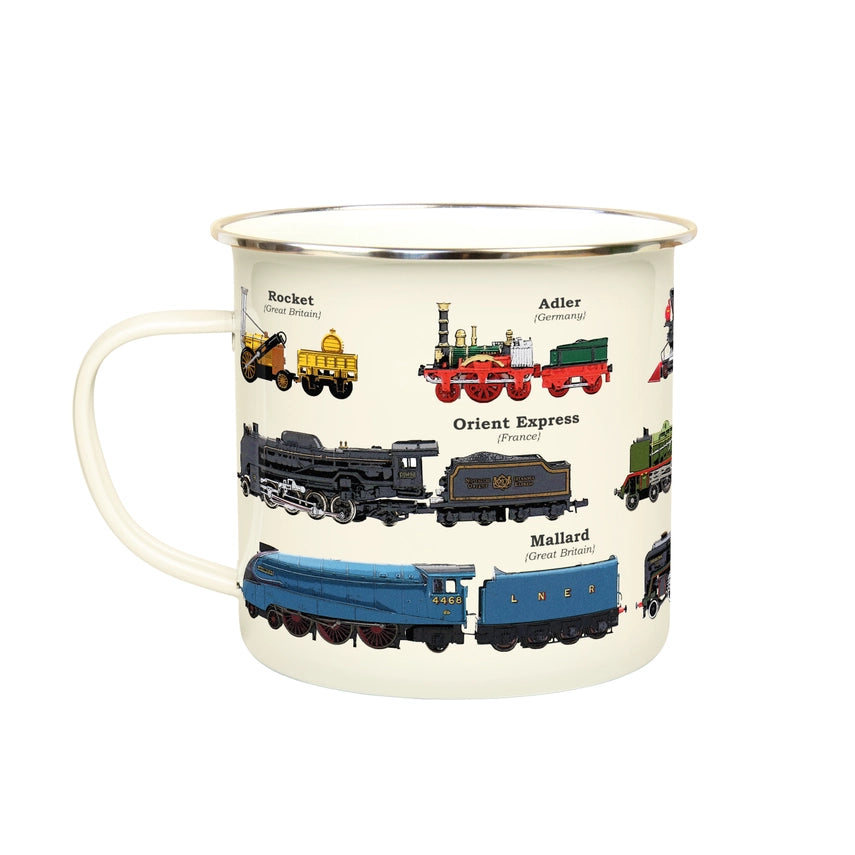 cream colored enameled mug with various types of trains on it