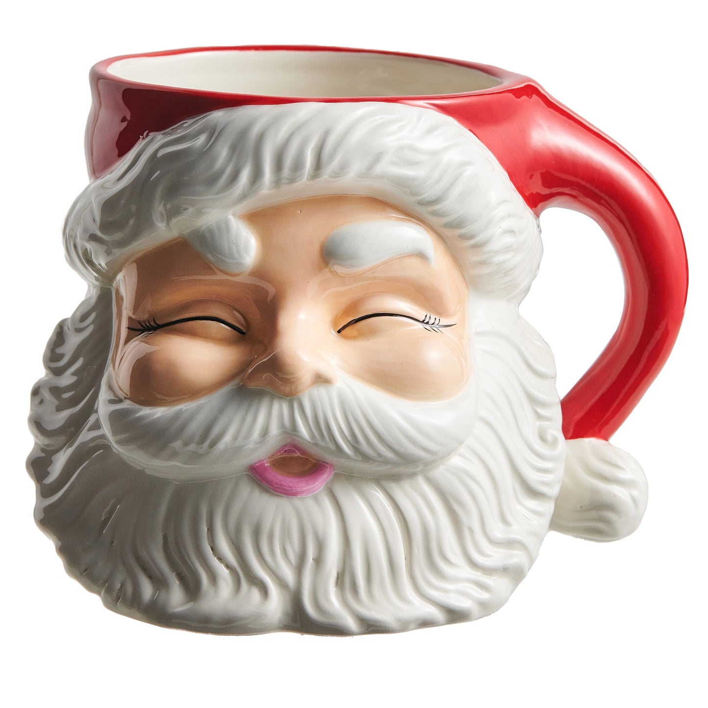 red santa face container with hat making a handle to hold