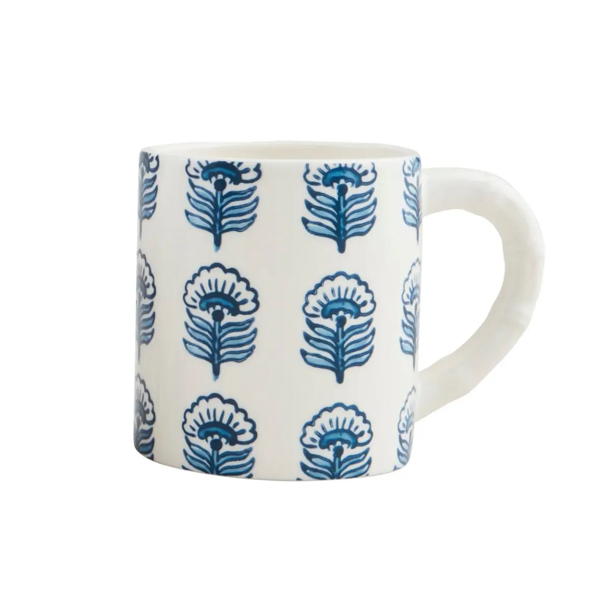 white mug with blue buti floral design