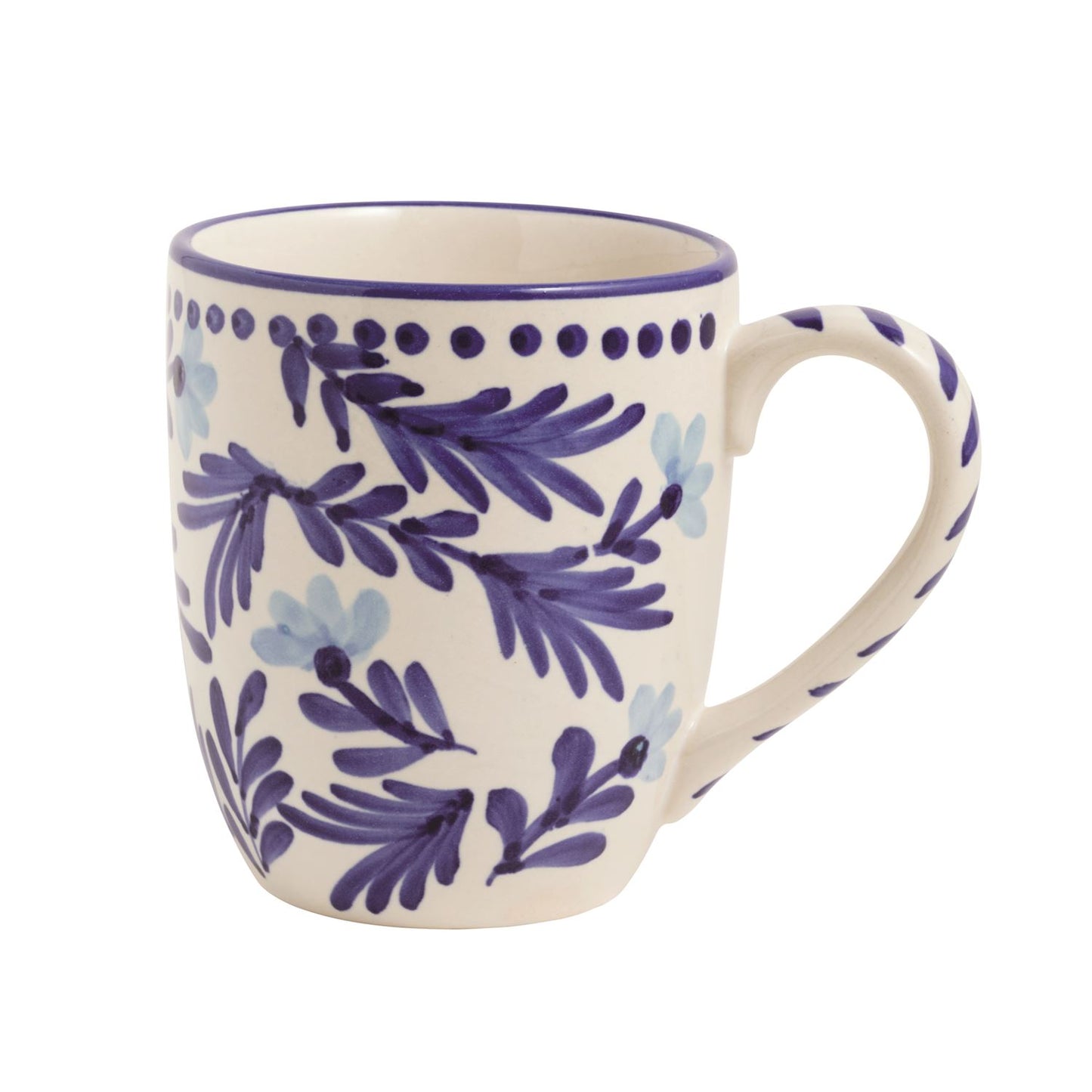 white mug with light and dark blue floral design with dotted rim